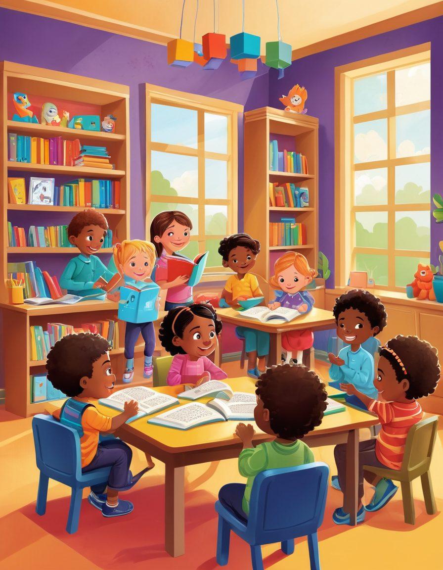 A vibrant, classroom scene filled with young children joyfully engaged in various literacy activities like storytelling, puppet shows, and colorful book reading corners. Fun and playful graphics such as alphabet letters and playful illustrations float around them, symbolizing creativity and learning. A warm, inviting atmosphere with bright colors enhances the sense of joy. art style: vector art, vibrant colors.