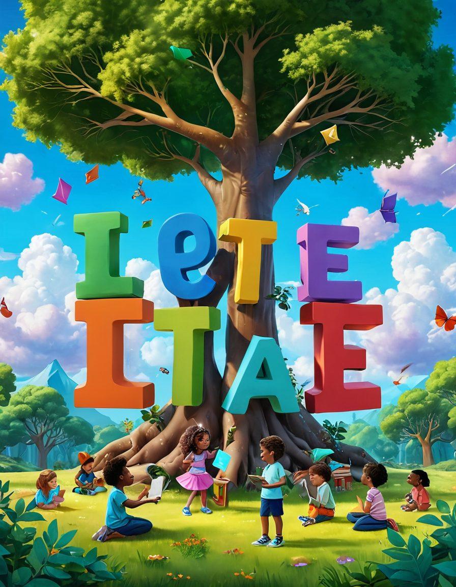 A whimsical scene featuring children of diverse backgrounds engaged in interactive digital games that promote literacy, surrounded by colorful books and playful game elements, such as oversized letters and numbers floating in the air. The background should depict a magical digital landscape that blends technology and nature, with elements like trees shaped like tablets and clouds resembling letters. The atmosphere should evoke a sense of adventure and joy. super-realistic. vibrant colors. playful illustration.