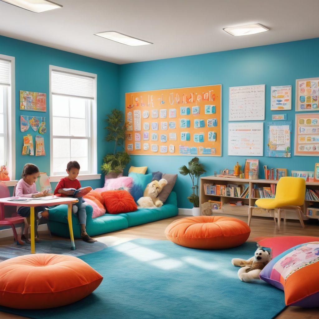 A vibrant classroom setting filled with children engaged in various literacy activities, such as reading colorful storybooks, creating alphabet art, and playing word games. The room is decorated with bright posters featuring letters and words, and a cozy reading corner with cushions. joyful expressions on children's faces, showcasing the excitement of learning. playful and colorful lighting to emphasize a joyful atmosphere. super-realistic. vibrant colors. 3D.